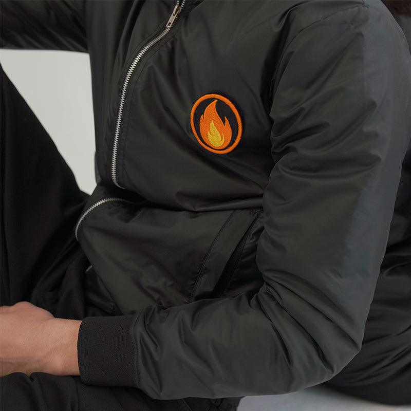 Black Bomber Jacket with Removable Patches - Huegen.pk