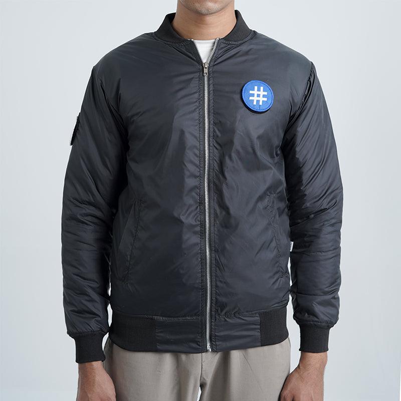 Black Bomber Jacket with Removable Patches - Huegen.pk